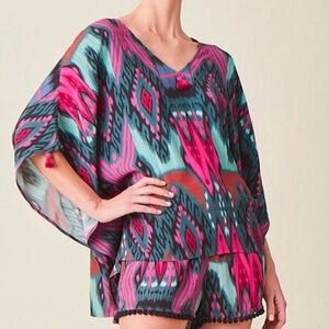 Figue Ritika Tunic Blouse Ikat Salip Pink Blue Boho Summer Preppy Womens S